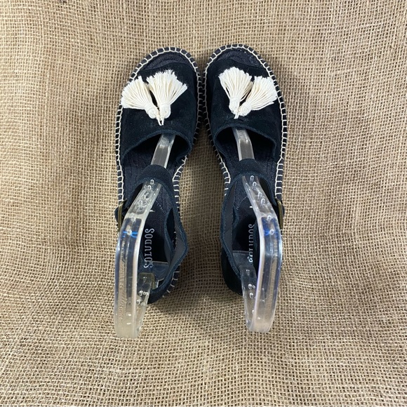 Espadrilles Soludos Platform Sandals Black Suede Tassels White Wedge Size 10 - Picture 13 of 14